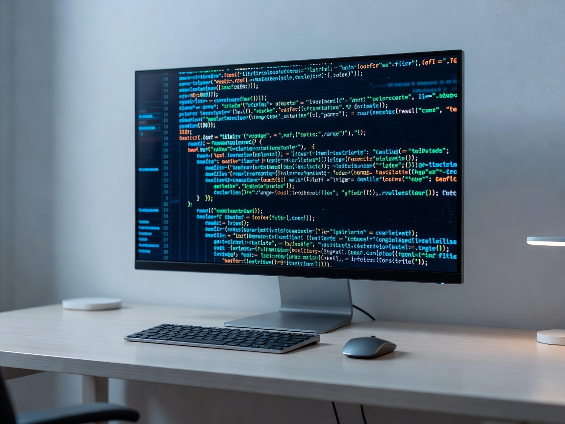Clean coding environment with a large monitor displaying colourful source code
