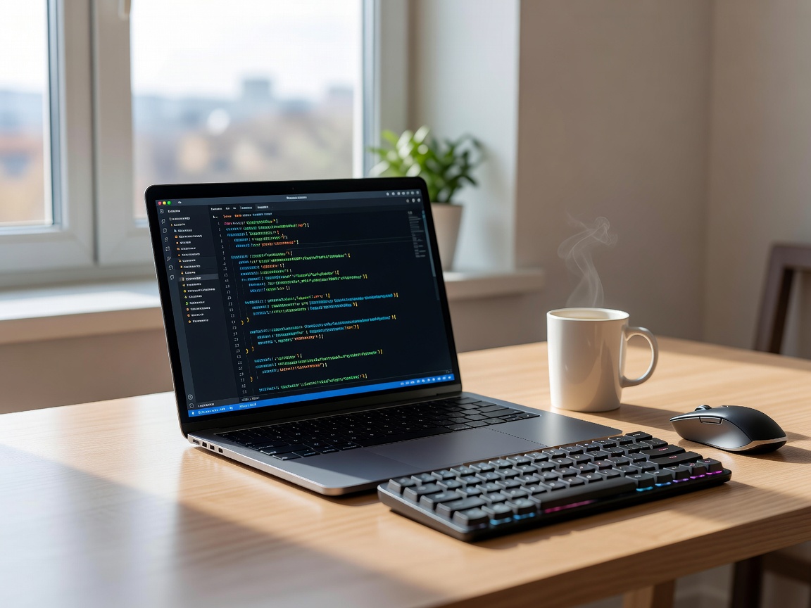 Developer workspace with laptop and code editor open on a bright desk